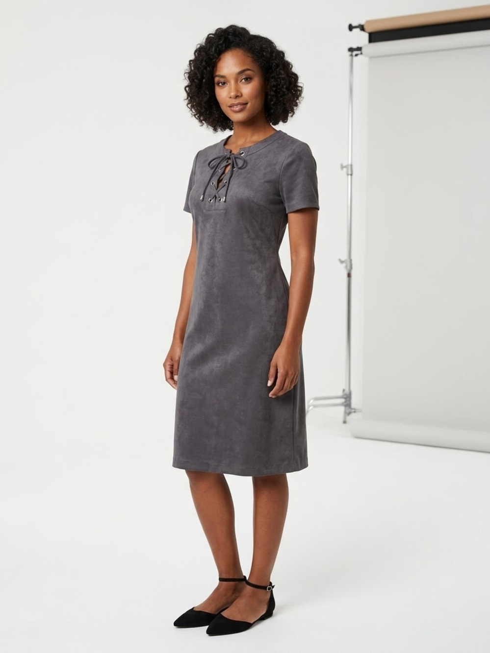 Lace-Up Short Sleeve Dress - Charcoal